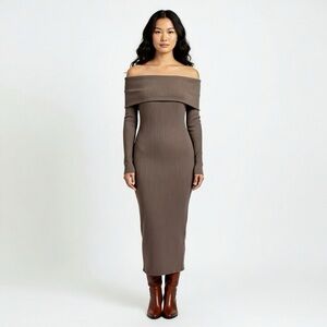 Off-Shoulder Long Sleeve Brown Maxi Dress size Large Cowgirl Stretchy Dress